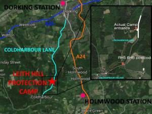 location of protection camp, near coldharbour village, RH5 6HB